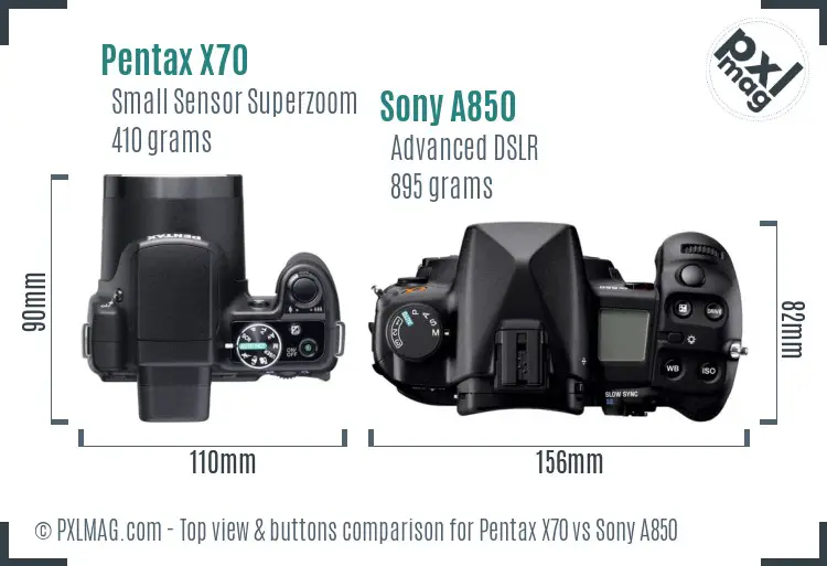 Pentax X70 vs Sony A850 top view buttons comparison