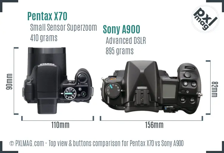 Pentax X70 vs Sony A900 top view buttons comparison