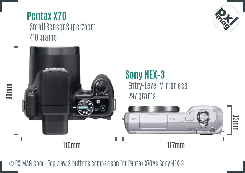 Pentax X70 vs Sony NEX-3 top view buttons comparison