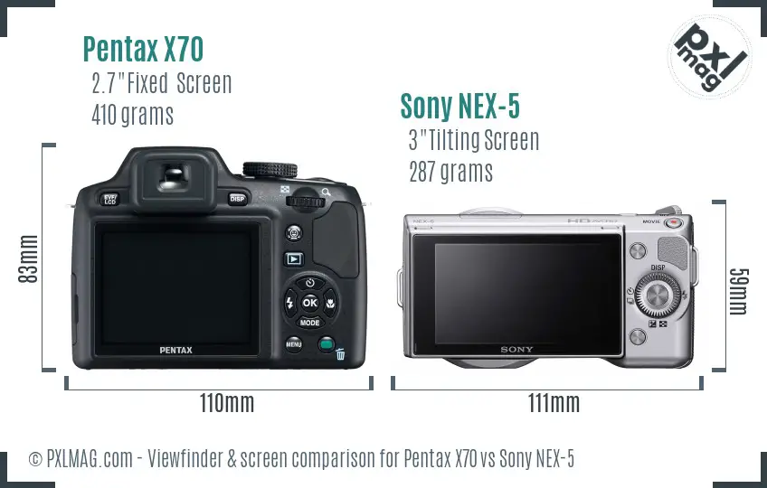 Pentax X70 vs Sony NEX-5 Screen and Viewfinder comparison