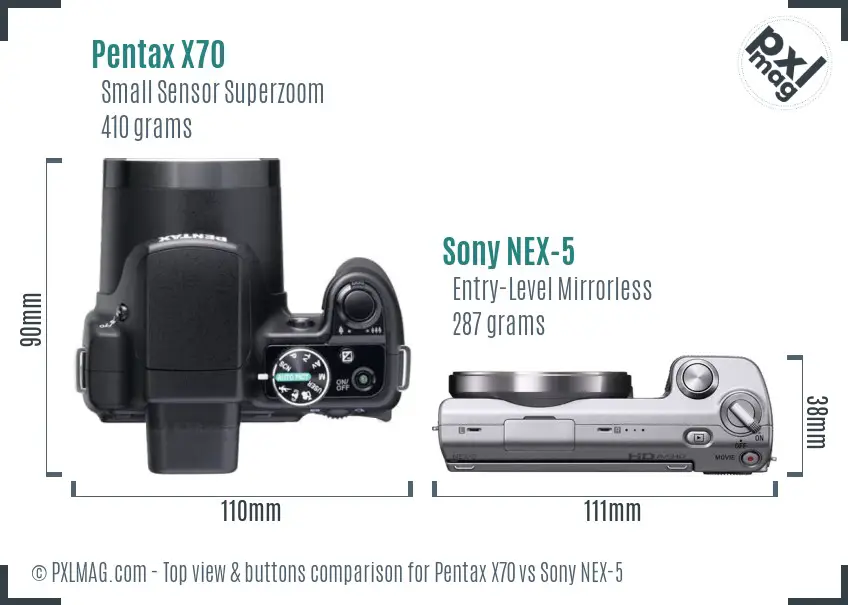 Pentax X70 vs Sony NEX-5 top view buttons comparison