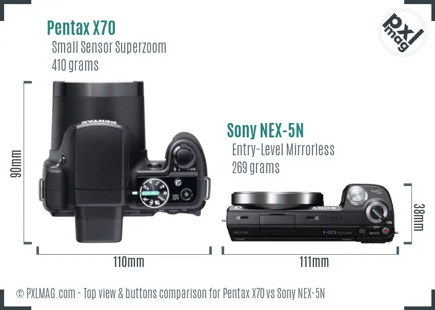 Pentax X70 vs Sony NEX-5N top view buttons comparison