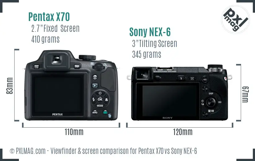 Pentax X70 vs Sony NEX-6 Screen and Viewfinder comparison