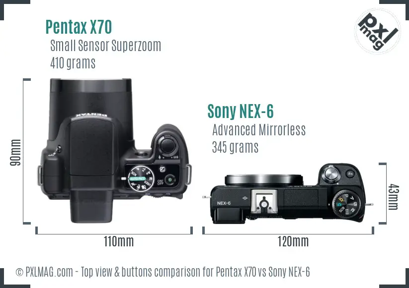 Pentax X70 vs Sony NEX-6 top view buttons comparison