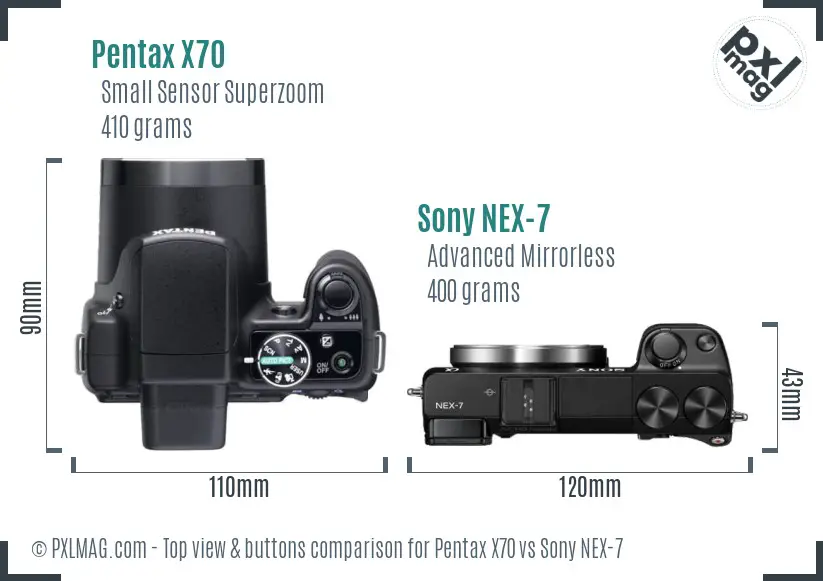 Pentax X70 vs Sony NEX-7 top view buttons comparison