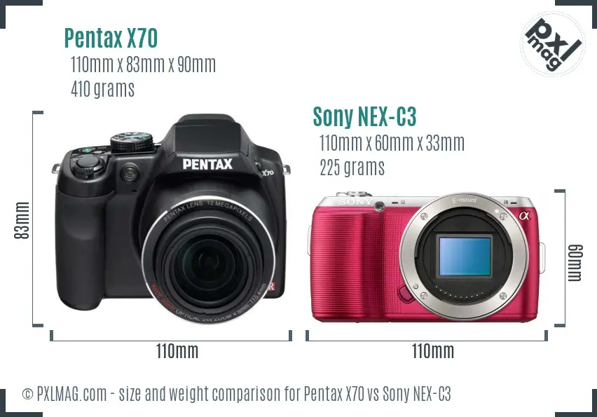 Pentax X70 vs Sony NEX-C3 size comparison