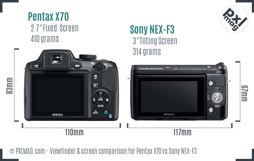 Pentax X70 vs Sony NEX-F3 Screen and Viewfinder comparison