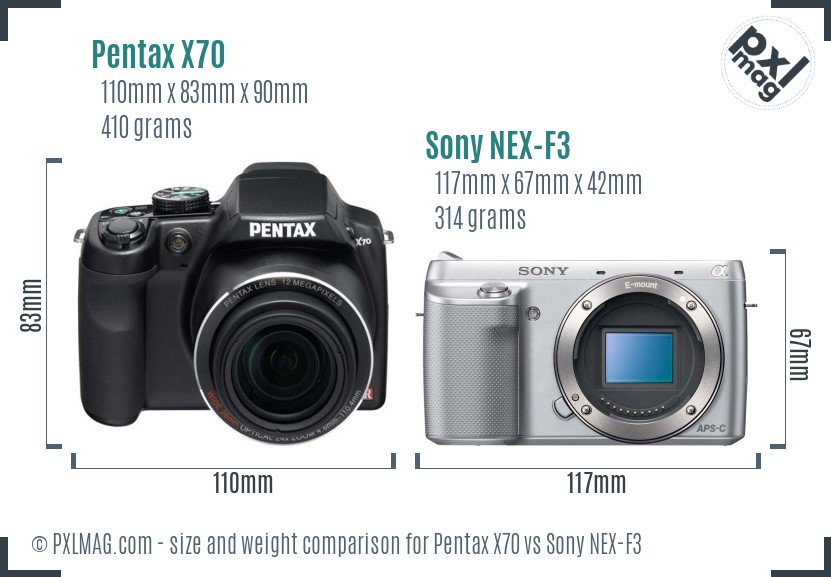 Pentax X70 vs Sony NEX-F3 size comparison