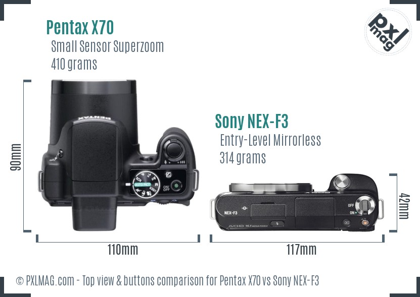 Pentax X70 vs Sony NEX-F3 top view buttons comparison