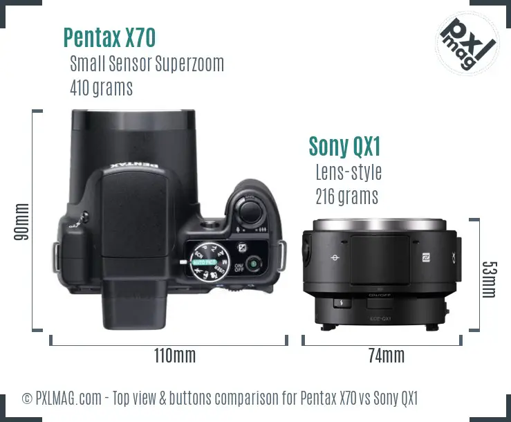 Pentax X70 vs Sony QX1 top view buttons comparison Pentax X70 vs Sony QX1 top view buttons comparison