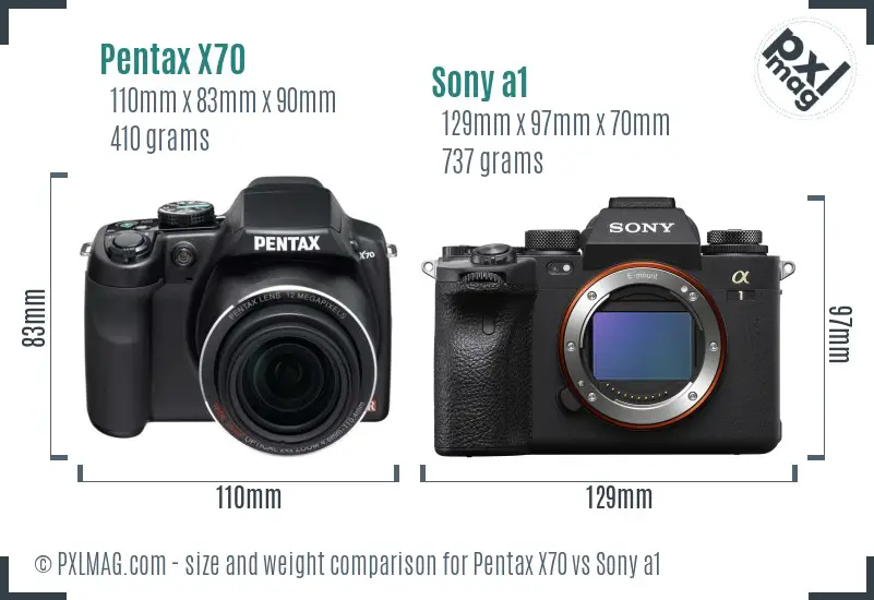 Pentax X70 vs Sony a1 size comparison