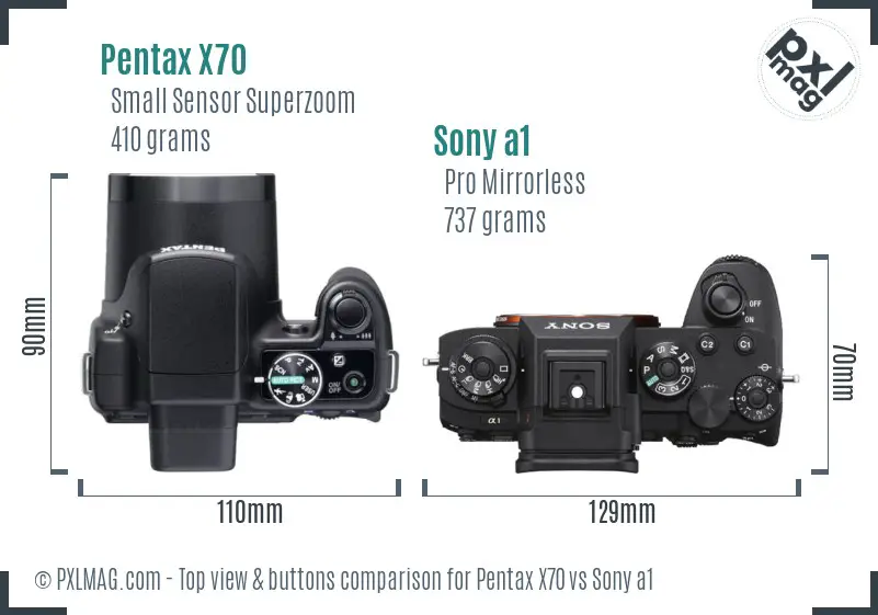 Pentax X70 vs Sony a1 top view buttons comparison
