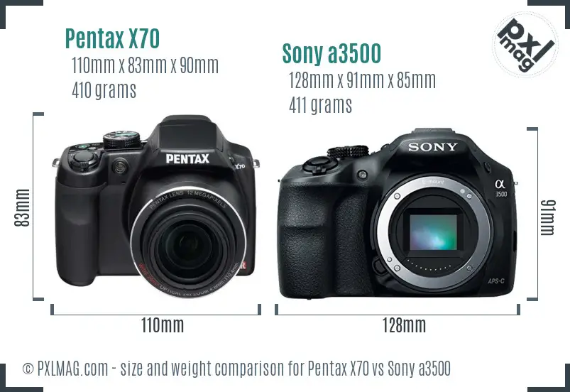 Pentax X70 vs Sony a3500 size comparison