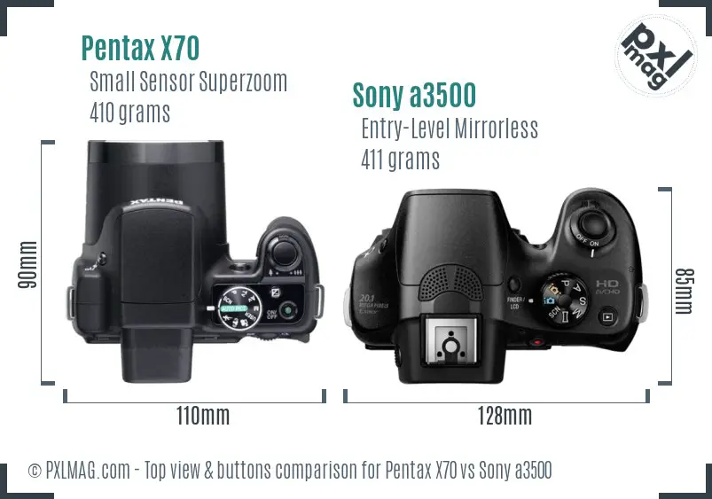 Pentax X70 vs Sony a3500 top view buttons comparison