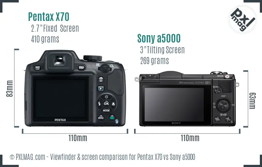 Pentax X70 vs Sony a5000 Screen and Viewfinder comparison
