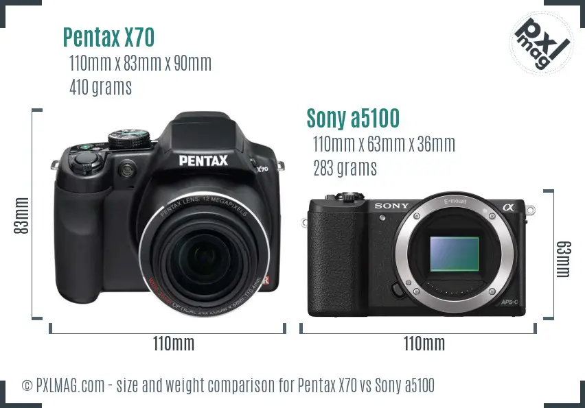 Pentax X70 vs Sony a5100 size comparison