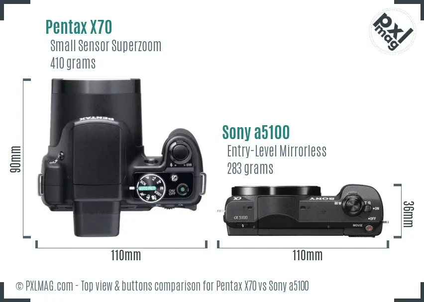 Pentax X70 vs Sony a5100 top view buttons comparison