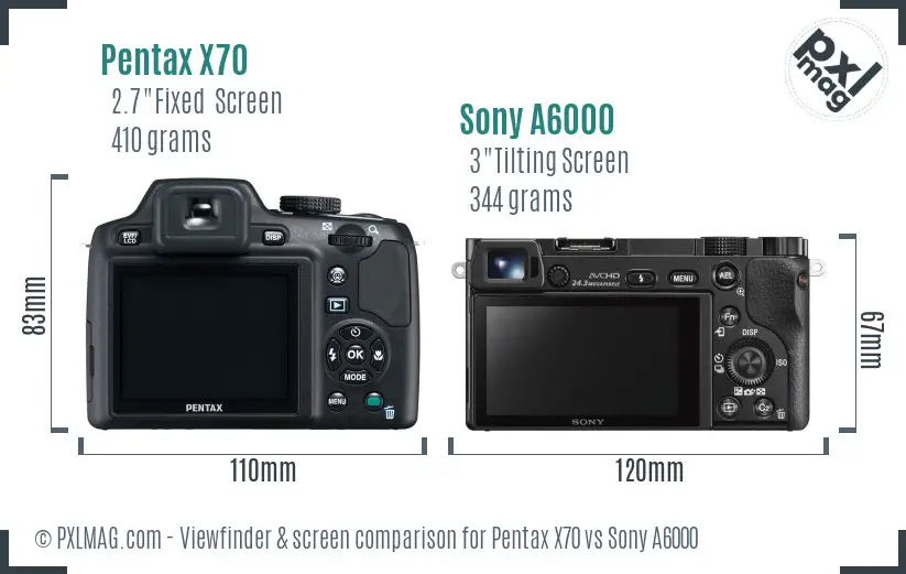 Pentax X70 vs Sony A6000 Screen and Viewfinder comparison