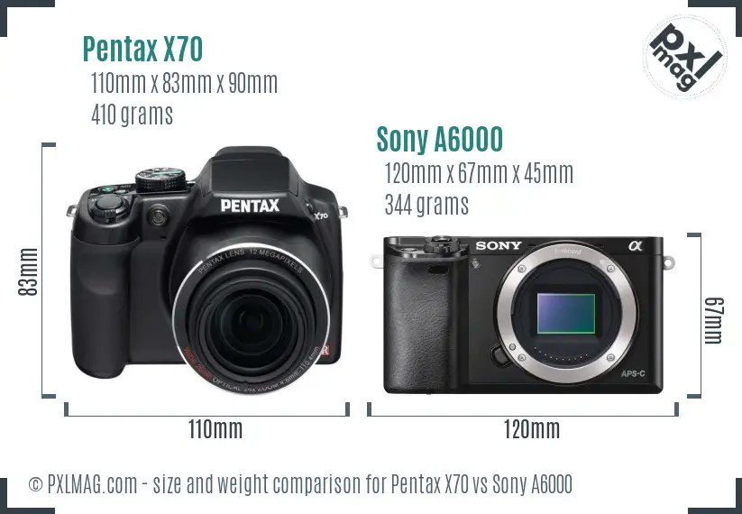 Pentax X70 vs Sony A6000 size comparison