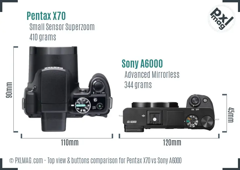 Pentax X70 vs Sony A6000 top view buttons comparison