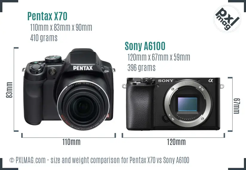 Pentax X70 vs Sony A6100 size comparison