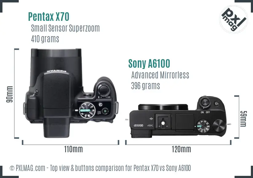 Pentax X70 vs Sony A6100 top view buttons comparison