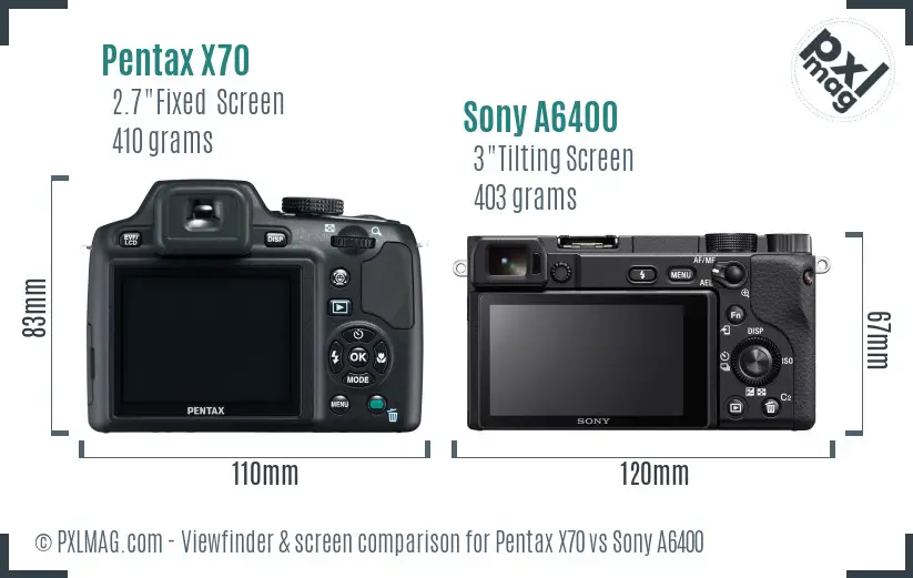 Pentax X70 vs Sony A6400 Screen and Viewfinder comparison