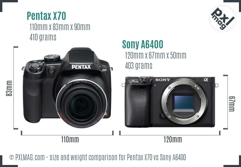 Pentax X70 vs Sony A6400 size comparison
