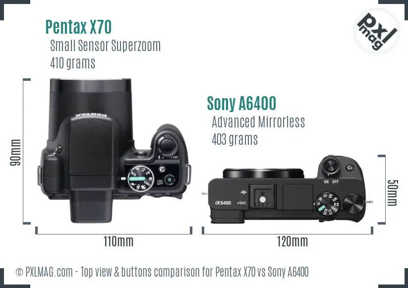 Pentax X70 vs Sony A6400 top view buttons comparison