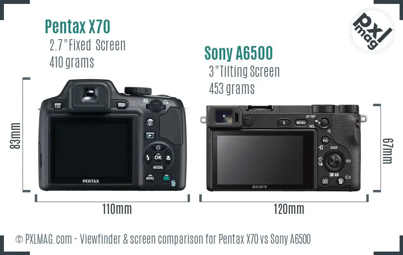 Pentax X70 vs Sony A6500 Screen and Viewfinder comparison