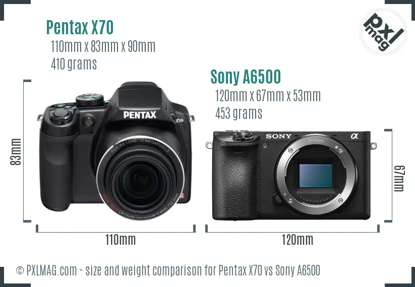 Pentax X70 vs Sony A6500 size comparison