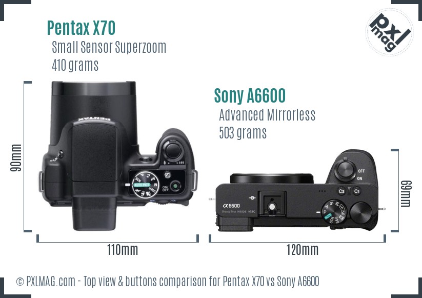 Pentax X70 vs Sony A6600 top view buttons comparison