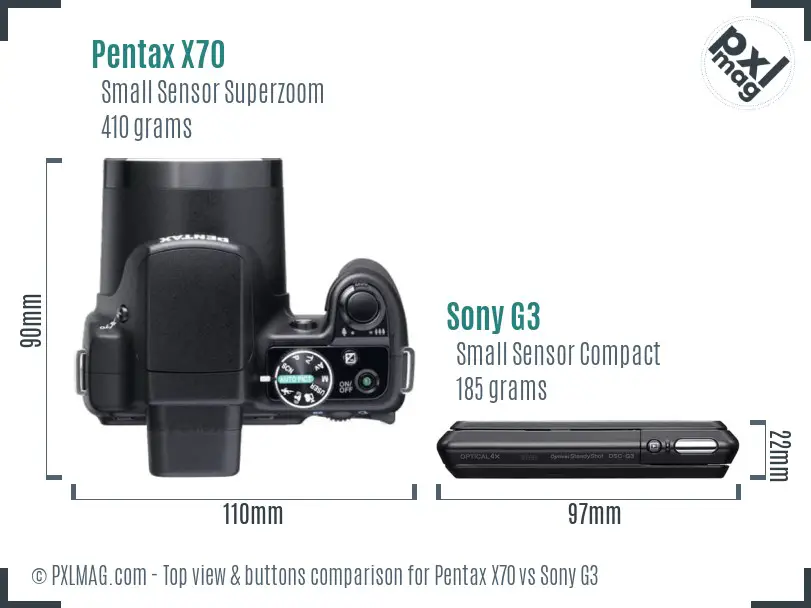 Pentax X70 vs Sony G3 top view buttons comparison Pentax X70 vs Sony G3 top view buttons comparison