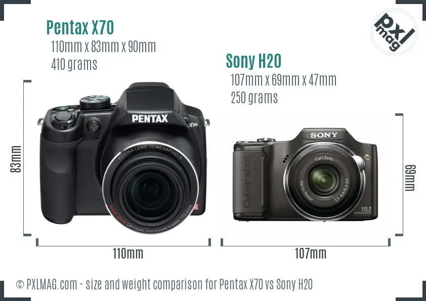 Pentax X70 vs Sony H20 size comparison