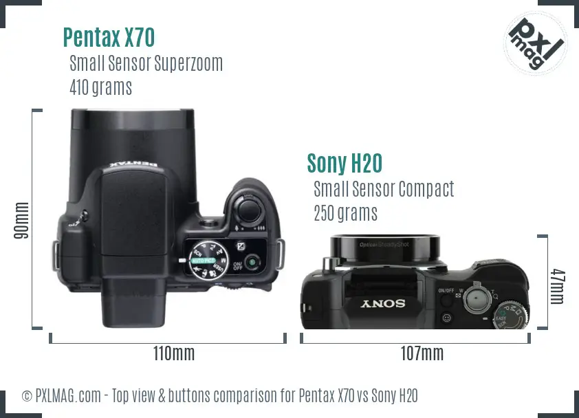 Pentax X70 vs Sony H20 top view buttons comparison