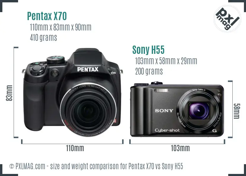 Pentax X70 vs Sony H55 size comparison
