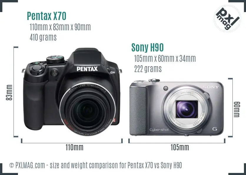 Pentax X70 vs Sony H90 size comparison