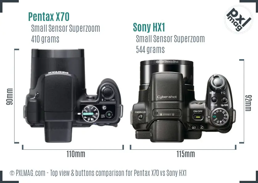 Pentax X70 vs Sony HX1 top view buttons comparison