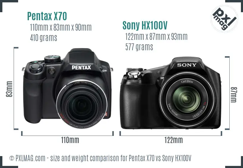 Pentax X70 vs Sony HX100V size comparison