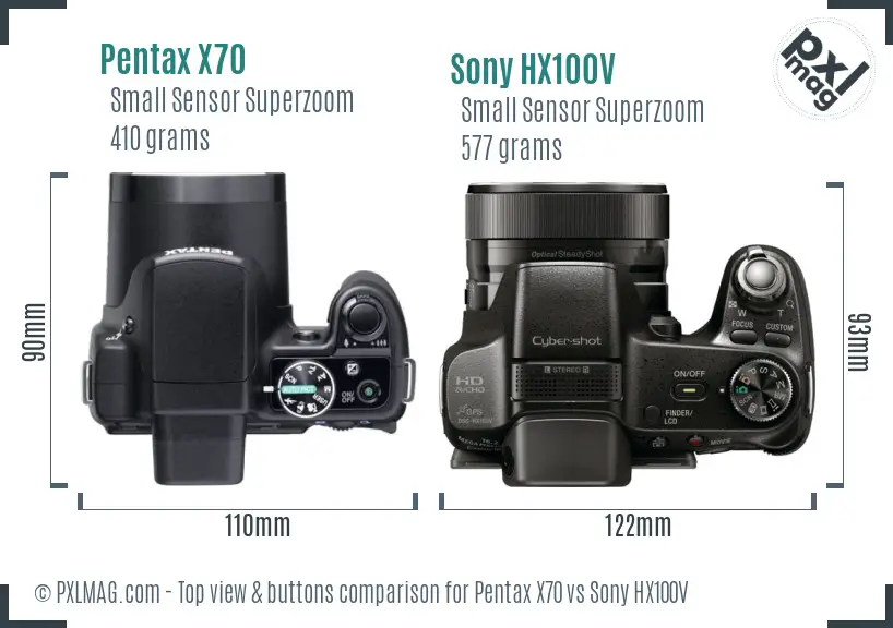 Pentax X70 vs Sony HX100V top view buttons comparison