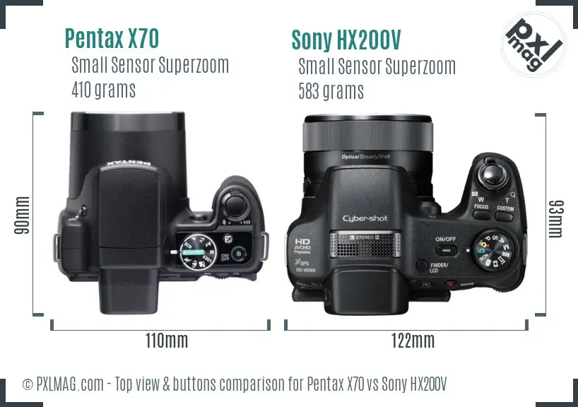 Pentax X70 vs Sony HX200V top view buttons comparison