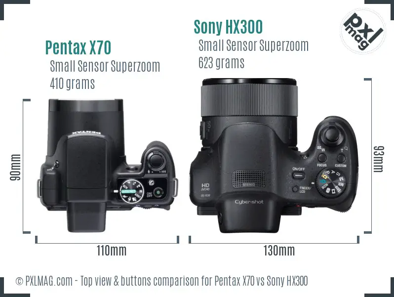 Pentax X70 vs Sony HX300 top view buttons comparison