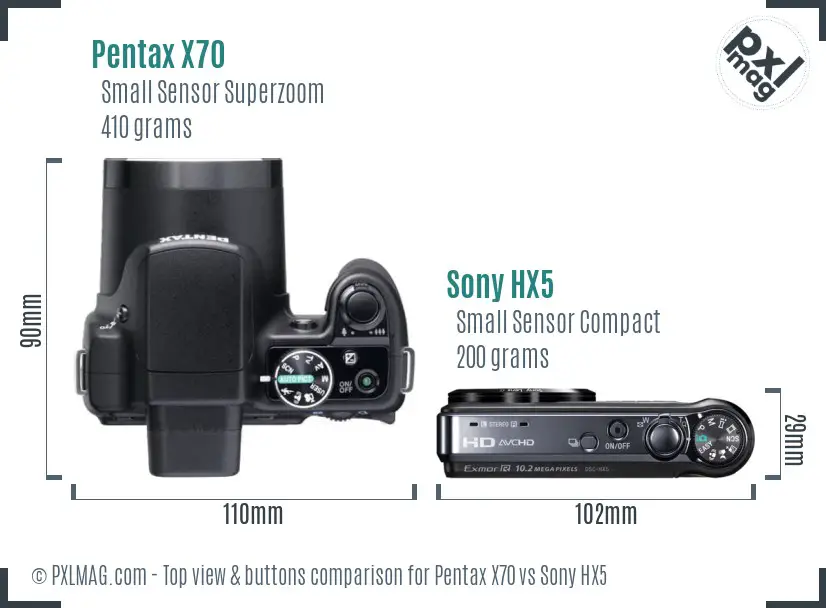 Pentax X70 vs Sony HX5 top view buttons comparison Pentax X70 vs Sony HX5 top view buttons comparison