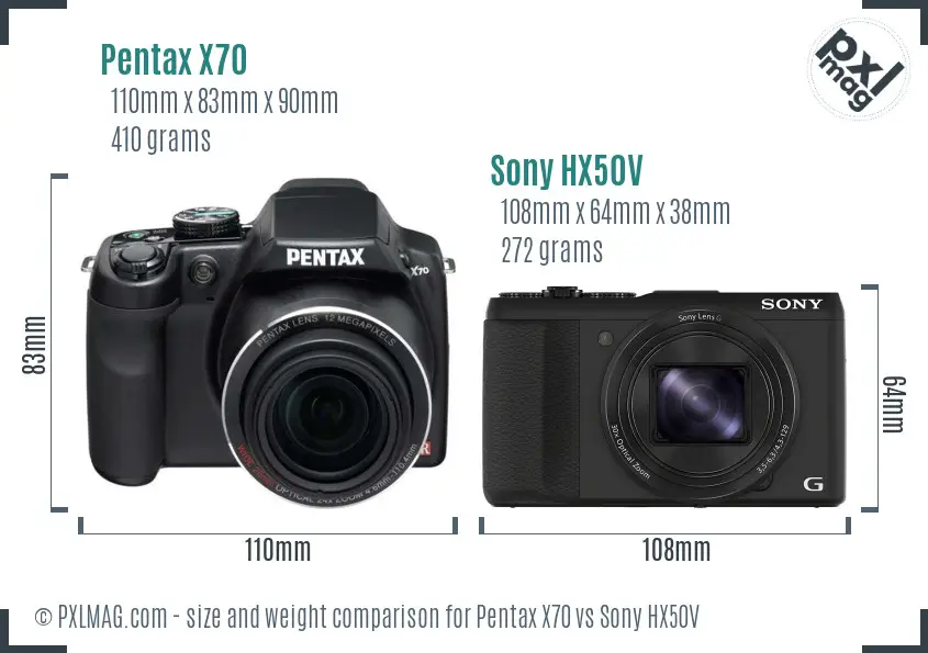 Pentax X70 vs Sony HX50V size comparison