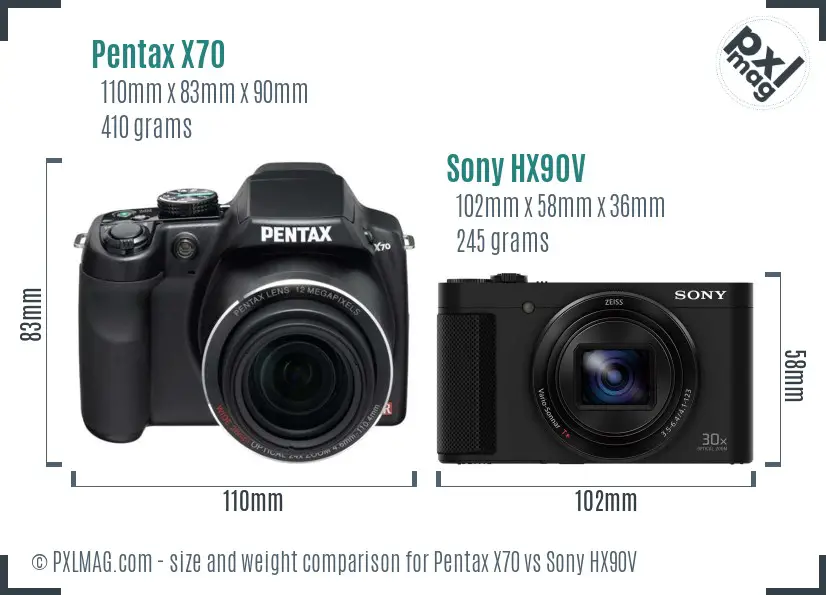 Pentax X70 vs Sony HX90V size comparison