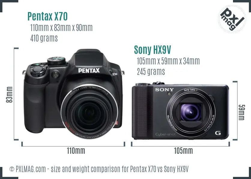 Pentax X70 vs Sony HX9V size comparison