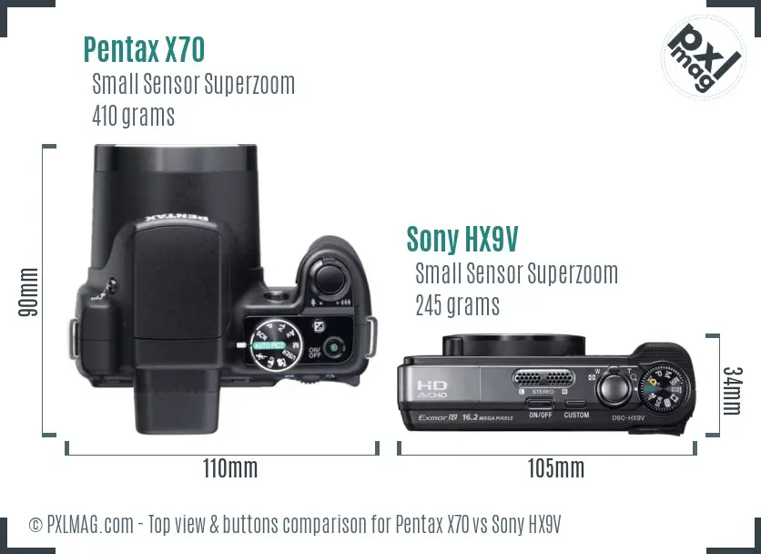 Pentax X70 vs Sony HX9V top view buttons comparison