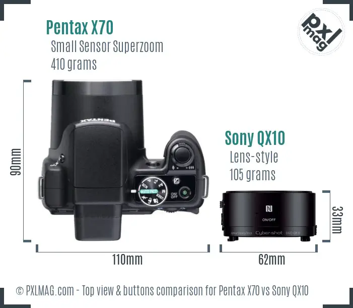 Pentax X70 vs Sony QX10 top view buttons comparison Pentax X70 vs Sony QX10 top view buttons comparison