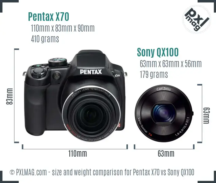 Pentax X70 vs Sony QX100 size comparison