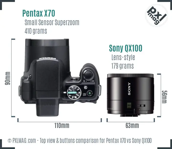 Pentax X70 vs Sony QX100 top view buttons comparison